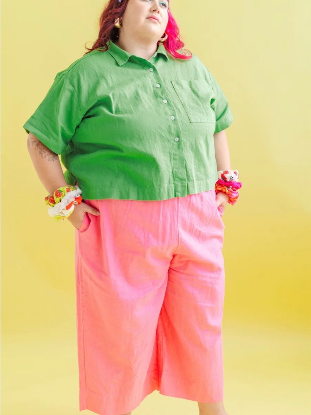 Nettle Studios linen button down top in acid green OS+